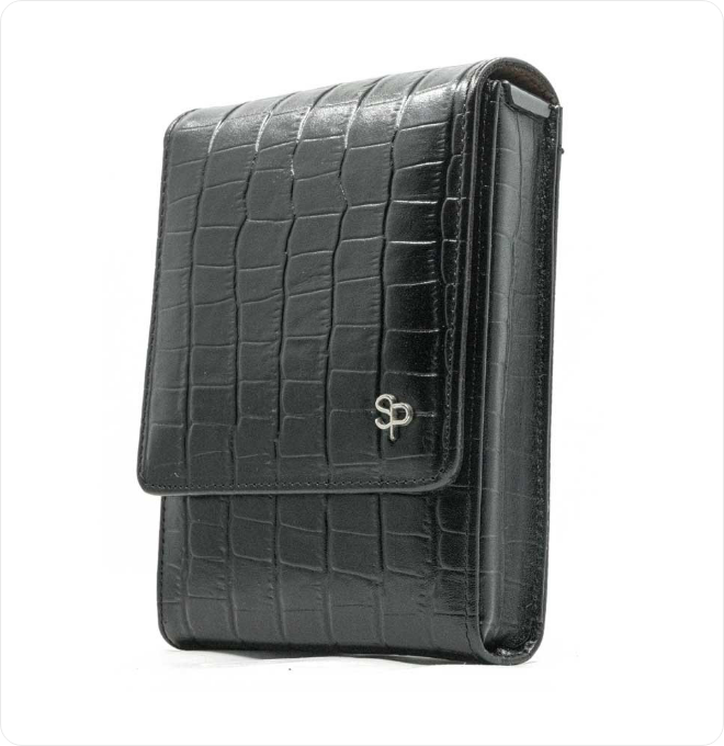 Black alligator-embossed holster, side profile on belt