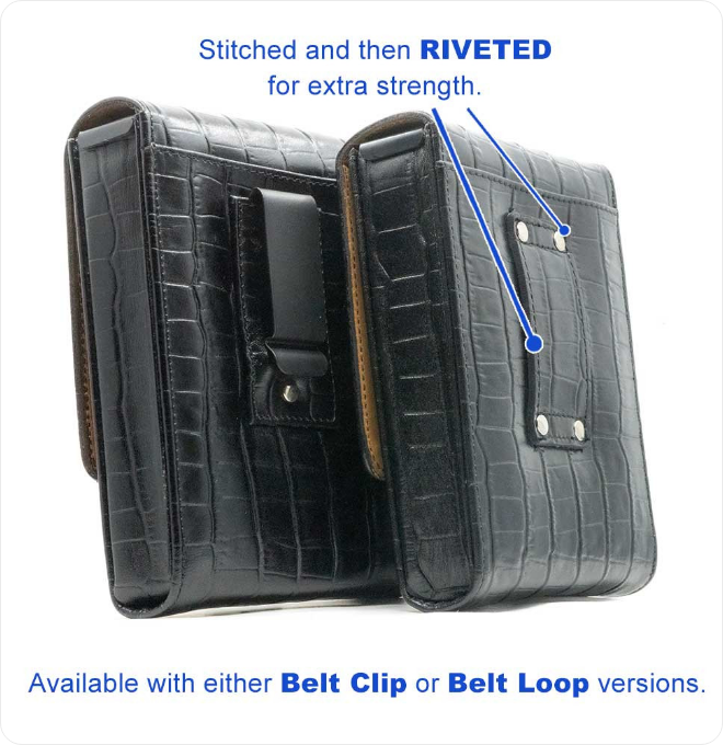 Black alligator-embossed holster, open showing Kydex insert