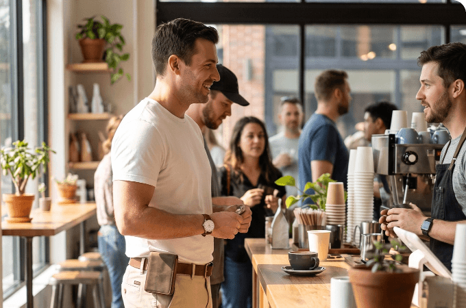 Man wearing a Sneaky Pete holster on his belt in a busy cafe