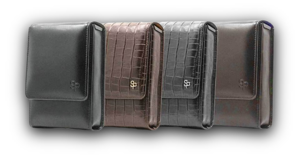 Four Sneaky Pete holsters in black, brown and grey
