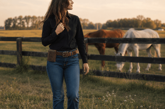 Woman wearing a Sneaky Pete holster on her belt at a horse paddock